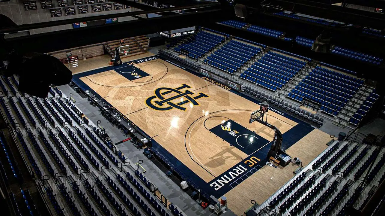Aerial view of empty basketball arena