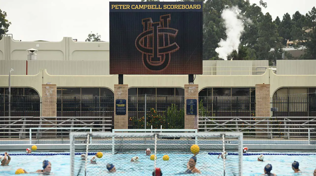 Scoreboard above water polo pool